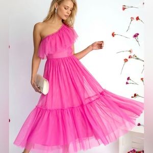 ONE SHOULDER TULLE TIERED MIDI DRESS - PINK